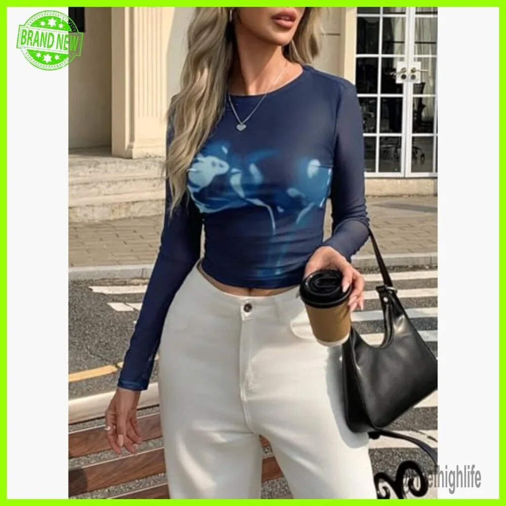 Cropped Mesh Long Sleeve Crew Neck Tee Floral Print Y2K Casual Top